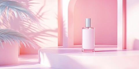 Pink Paradise: A minimalist beauty product mockup, featuring a sleek, white bottle on a soft pink podium, bathed in warm, natural light.