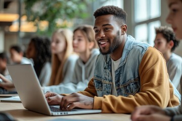 Fototapeta premium Group of college students e-learning on laptop with teacher's assistance in classroom. Generative AI