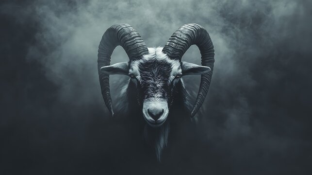 A striking black and white goat head with robust horns enveloped in a dark misty setting