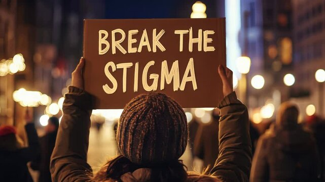 Break the Stigma Protest Sign Held at Evening Rally