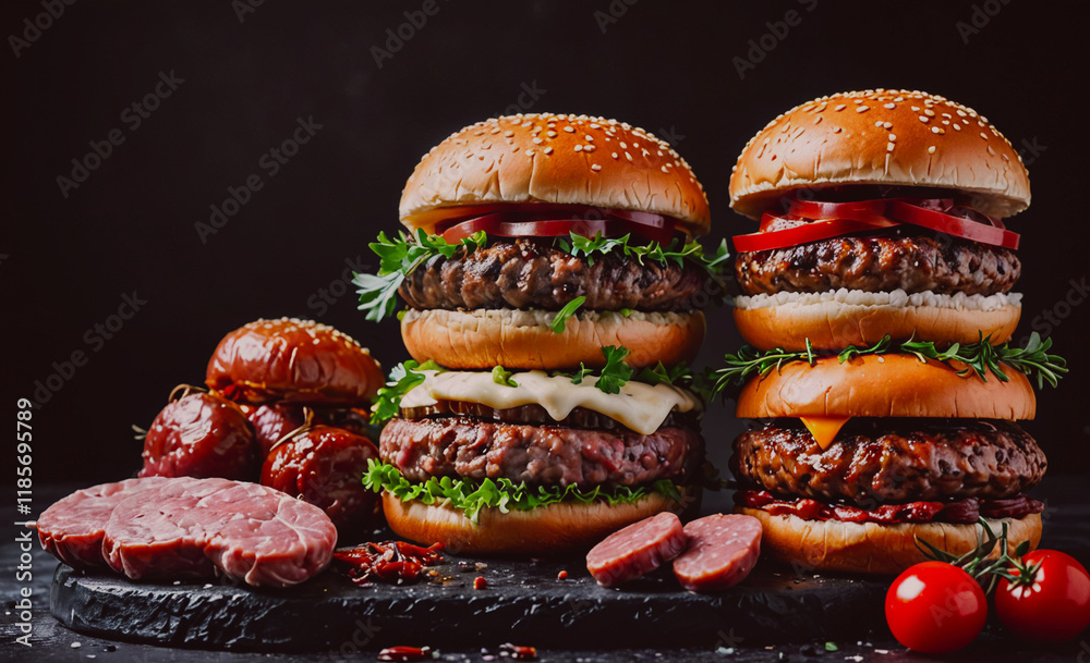 Poster Three hamburgers with different toppings are on a table. One has a slice of cheese, another has a slice of tomato, and the third has a slice of ham