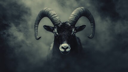 A powerful black and white goat head with large horns framed by a dark mist-filled background