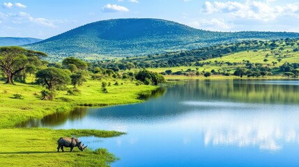 Obraz premium Serene African Savanna: A majestic rhino grazes peacefully by a tranquil lake, with rolling hills and lush vegetation forming a breathtaking African landscape under a vibrant sky. 