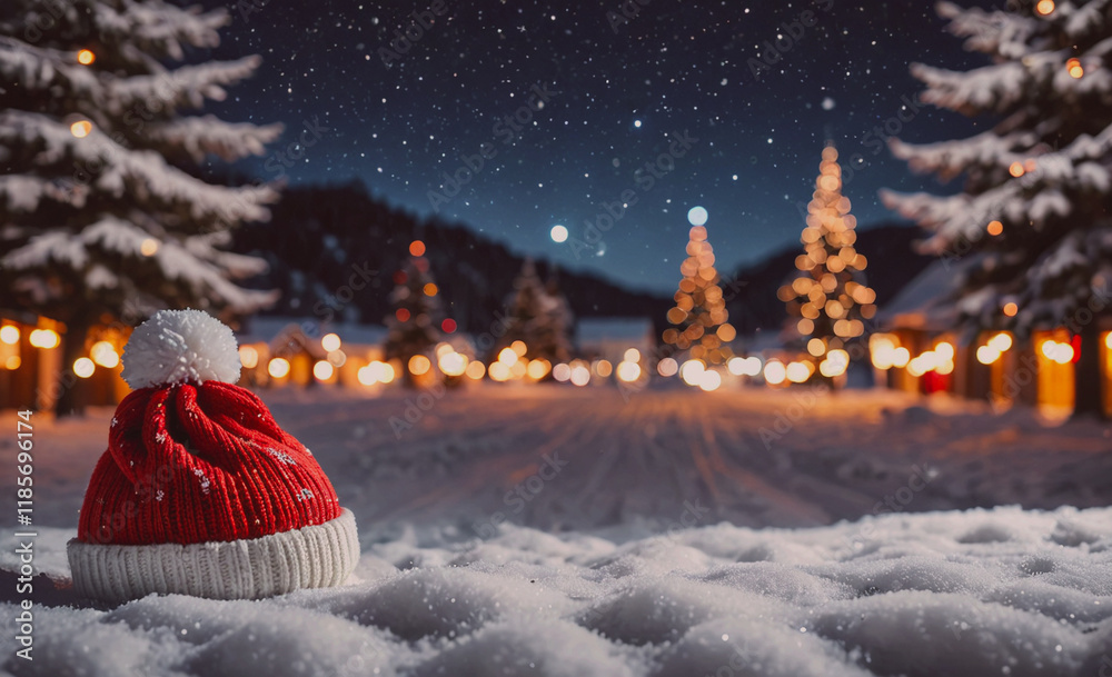 Aufkleber red hat with a white pom pom sits on the snow. the hat is placed on the ground in front of a christm