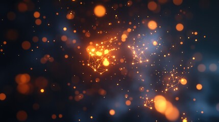 Fototapeta premium Dynamic D rendering of glowing interconnected nodes and particles on a dark background, symbolizing IoT and smart tech, with blank space