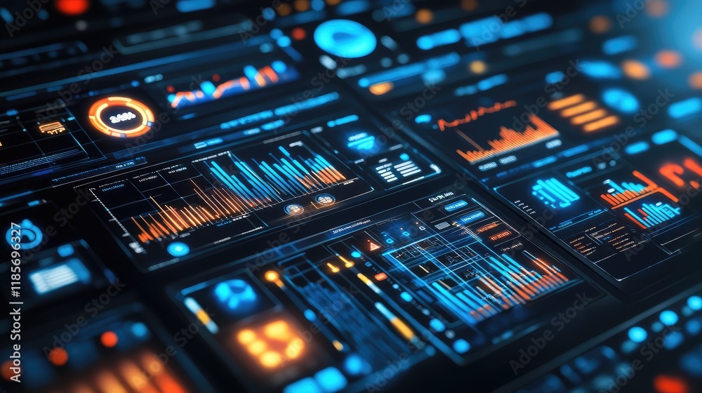 Poster futuristic technology dashboard interface design with glowing graphics and abstract visuals, perfect