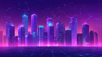 Naklejka premium Futuristic smart cityscape at night with glowing lights and abstract connections, symbolizing IoT and technological progress, with copy space