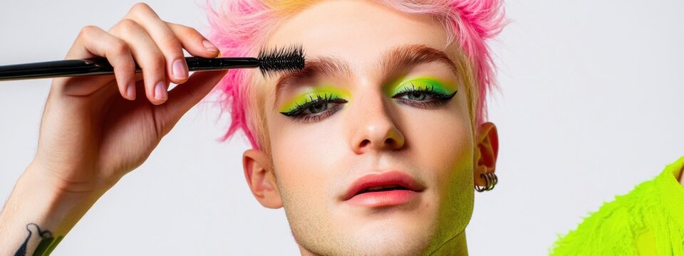 Young man applies mascara during stylish Instagram shoot with pastel pink hair and vibrant green makeup on a white backdrop
