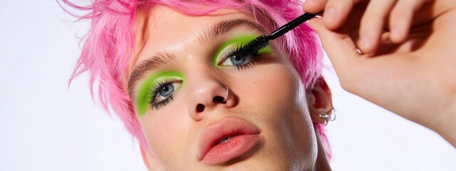 Young man with pastel pink hair showcases vibrant makeup skills while posing against a simple white background