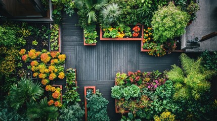 Raised garden beds in a neat and organized layout, filled with colorful vegetables and greenery, offering plenty of copy space for gardening ideas.