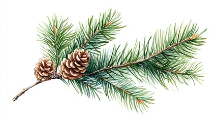 A hand-drawn pine branch, featuring watercolor greenery, perfect for Christmas decor. -