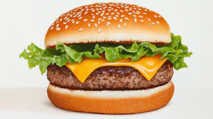 Delicious sesame seed burger with fresh lettuce, cheese and juicy beef patty
