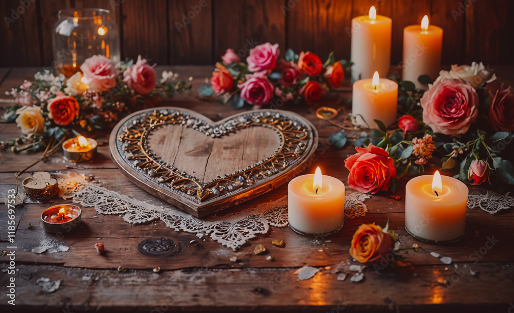 Poster table with a heart shaped wooden box and candles. the candles are lit and there are many flowers on 