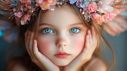 Naklejka premium A portrait of a young girl with striking blue eyes and a floral crown, radiating innocence.