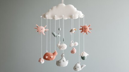 Cute baby crib mobile on grey background