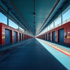 Obraz premium A spacious, modern pit lane at a racetrack, featuring multiple garage doors and a clear perspective down the length.