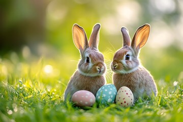 Two Bunnies With Decorated Eggs Isolated On Sunny day
