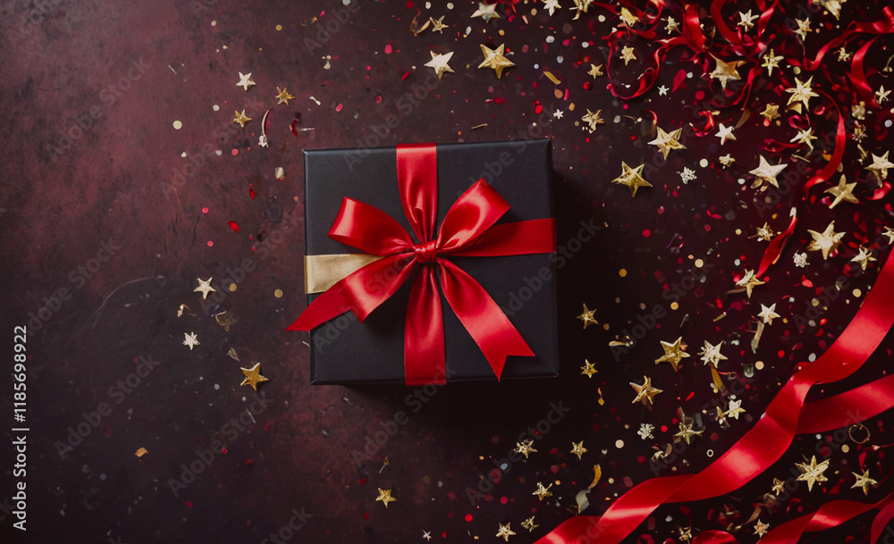 Aufkleber Black box with a red bow on top of a red background. The box is surrounded by red streamers