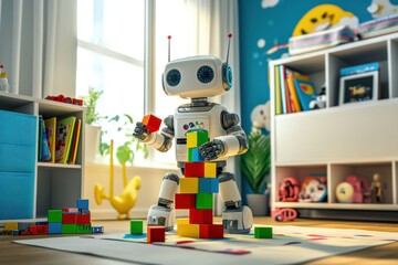 Humanoid robot engages toddlers in playful block building at colorful nursery