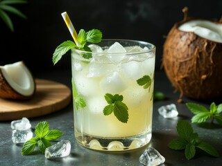 Refreshing Iced Coconut Mint Drink In Glass