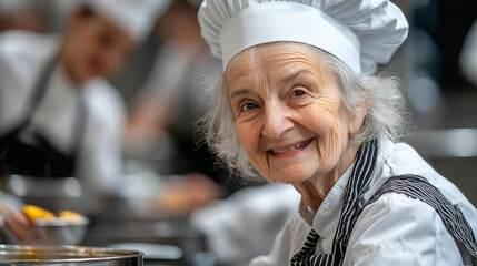 An elderly chef smiles warmly in a bustling kitchen, showcasing culinary passion and joy.