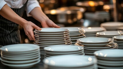 Chef stacking clean plates in a professional kitchen setting.