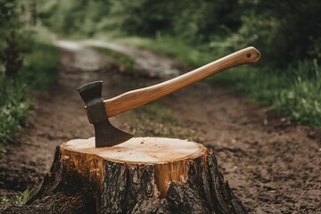 A weathered axe with a long wooden handle rests on a tree stump in a forest setting. The scene suggests outdoor activities like camping or wood chopping.