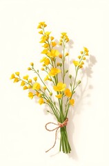 Obraz premium Small bouquet of yellow wildflowers tied with twine on white background.