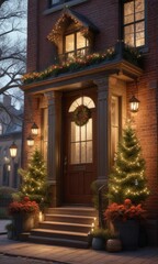 Fototapeta premium A beautifully decorated brownstone with a large Christmas tree on the front porch, holly, evergreen, brownstones