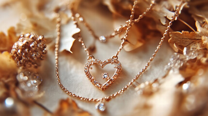 Delicate handmade jewelry featuring heart shaped pendant adorned with sparkling stones, surrounded by autumn leaves, creating warm and charming atmosphere
