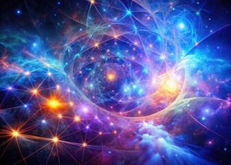 Obraz premium Double exposure space art reveals a fractal cosmic nexus: a celestial network spanning galaxies and nebulae.