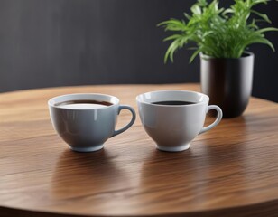 Fototapeta premium A delicate china cup with a small amount of dark liquid and a nearby empty cup next to it on a minimalist wooden desk , empty cup, ceramic cup