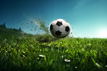 Naklejka premium Soccer ball lifts off ground in grassy field, kicking up dirt and grass in bright sunlight. Lush landscape creates vibrant backdrop for sport.
