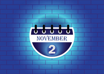 Obraz premium A digital illustration of a calendar page showing November 2nd. The page is blue and white, set against a backdrop of a blue brick wall. Clean, modern aesthetic.