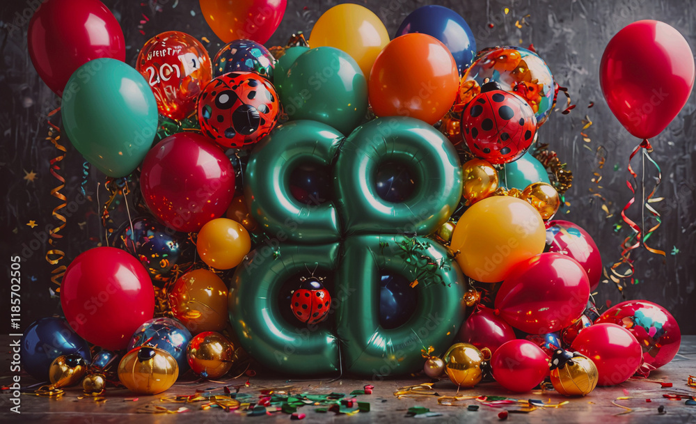 Poster large number of balloons are piled on top of each other, with the letters c, b, and d visible in the