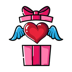 Made in uk A winged heart pops out of a gift box, symbolizing Valentine's Day love.
