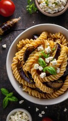 Fusilli Pasta with Fried Eggplant, Garlic, and Feta Cheese 