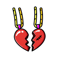Made in uk Two broken heart pendants, symbolizing a fractured relationship or heartbreak. The image is a simple illustration with bold colors.