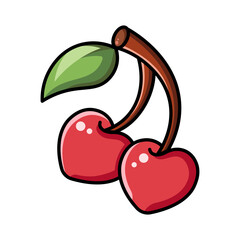 Made in uk Two heart-shaped cherries on a stem with a green leaf. A cartoon illustration.