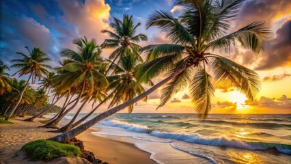 Golden hour paints a vibrant ocean scene, palm trees swaying in the paradise breeze.