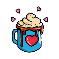 Made in uk A delightful illustration of a hot chocolate mug topped with whipped cream, chocolate drizzle and hearts. Perfect for Valentine's Day.