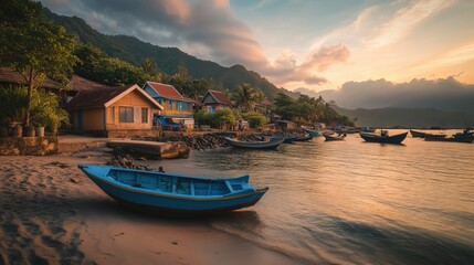 A Group of Small Boats Sitting on the Shore of a Body of Water - Generative AI