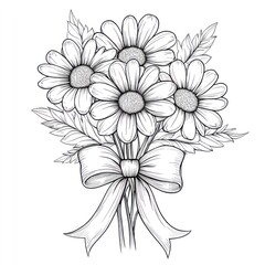 Monochrome daisy bouquet, ribbon tied, white background, coloring page design