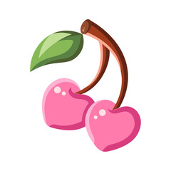 Made in uk Two heart-shaped cherries on a stem with a green leaf. A cartoon illustration.