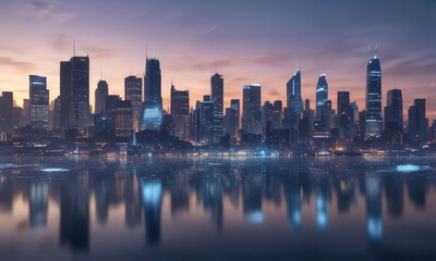 Fototapeta premium A futuristic abstract blue background with bokeh featuring a cityscape at dusk, skyline, modern