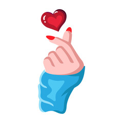Made in uk A cute cartoon illustration of a pink hand forming a heart gesture, a red heart floating above it.