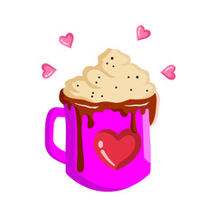 Made in uk A delightful illustration of a hot chocolate mug topped with whipped cream, chocolate drizzle and hearts. Perfect for Valentine's Day.