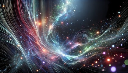 Naklejka premium Abstract iridescent particles drifting upwards, leaving glowing trails in their wake, dark background and wallpaper