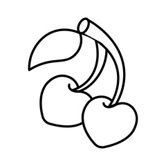 Made in uk Two heart-shaped cherries on a stem leaf. A cartoon line art illustration.