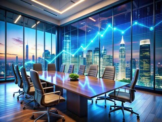 High-tech displays showcase data analytics during a business meeting in a sleek, city-view meeting room.